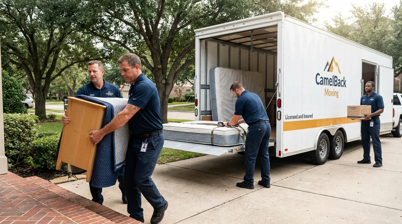 Crew loading residential truck for cross-state move from Somerset, TX