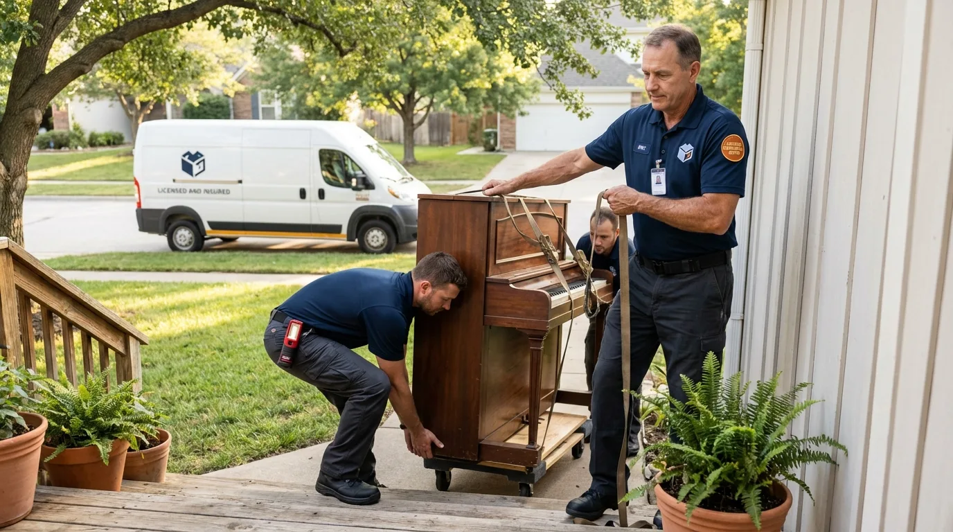 Licensed piano movers securing grand piano in Somerset, TX