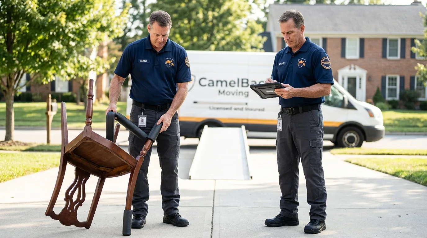 Movers inspecting furniture for damage prevention before loading in Somerset, TX