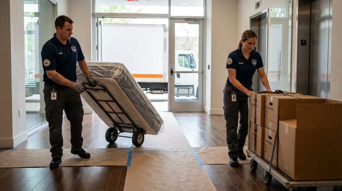 Professional apartment movers loading elevator in Somerset, TX