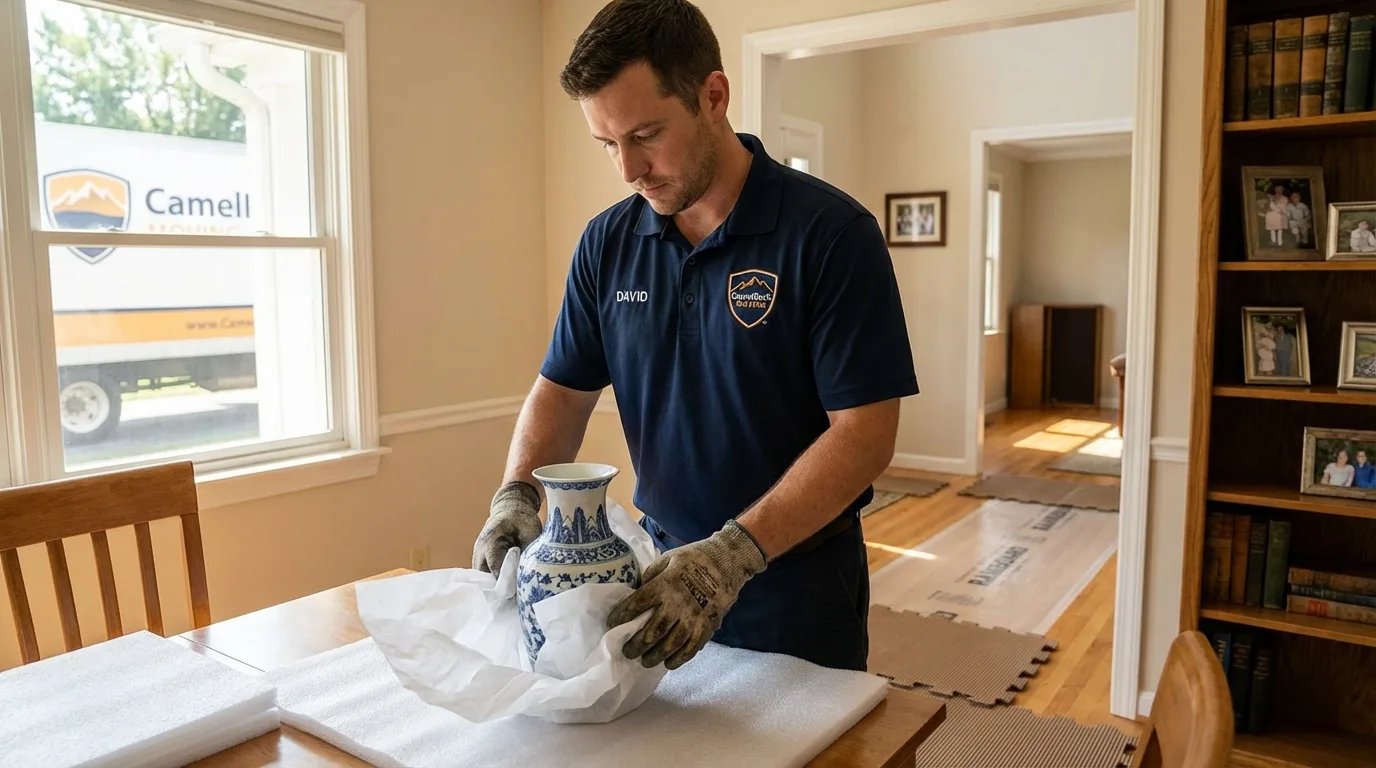 Professional crew carefully wrapping antique vase for senior downsizing move in Somerset, TX